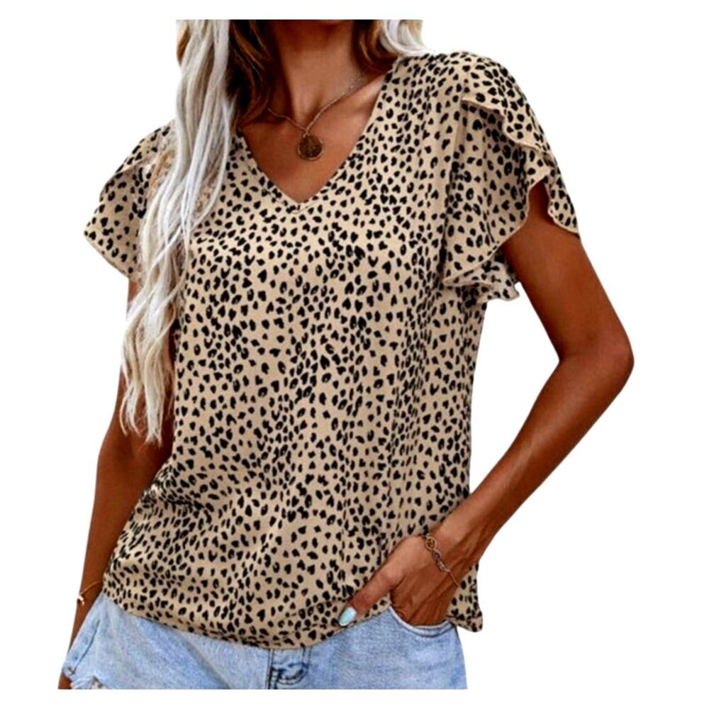 Shein Women's Small Tan Black Leopard  V-Neck Petal Short Sleeve Top